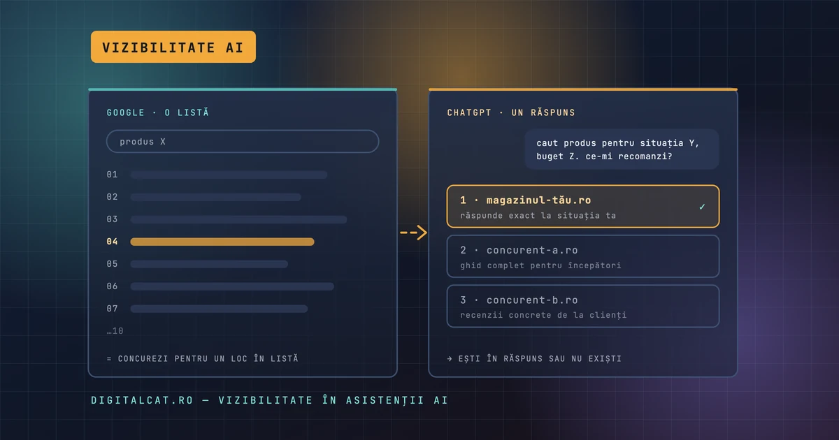 Schemă: în stânga, o căutare în Google — o listă de zece rezultate, unde magazinul concurează pentru o poziție; în dreapta, aceeași întrebare pusă în ChatGPT — un singur răspuns cu trei recomandări argumentate, în care magazinul fie apare, fie lipsește.