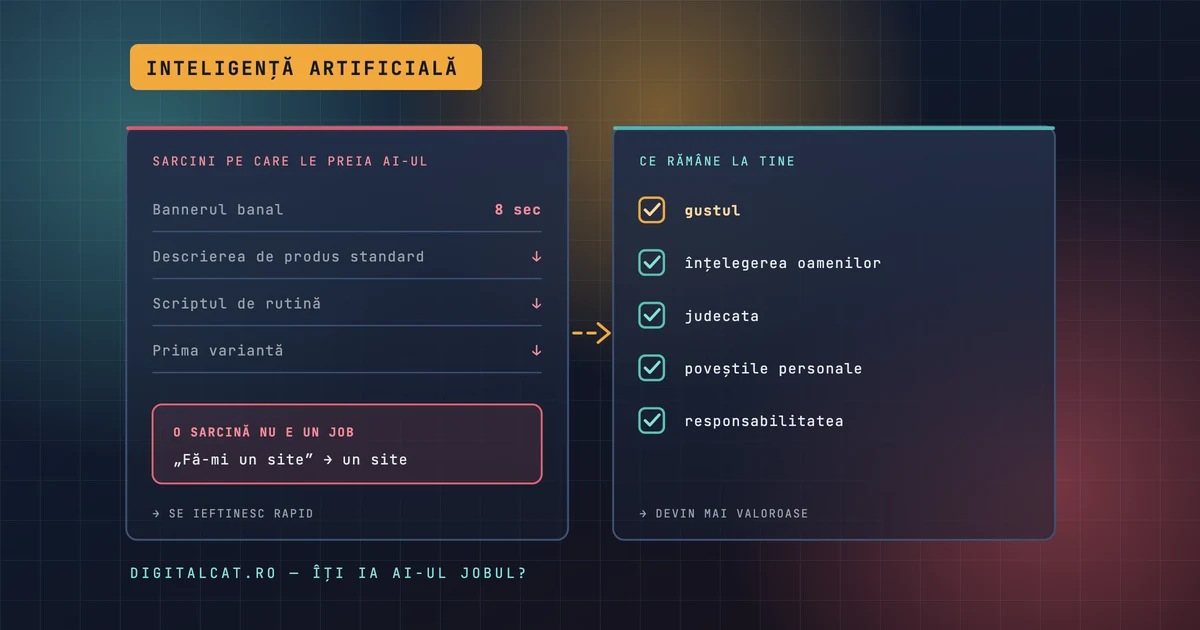 Schemă: în stânga, sarcinile pe care AI-ul le preia ușor — bannerul banal, descrierea de produs standard, scriptul de rutină, prima variantă — și care se ieftinesc rapid; în dreapta, ce rămâne la tine și devine mai valoros: gustul, înțelegerea oamenilor, judecata, poveștile personale, responsabilitatea.