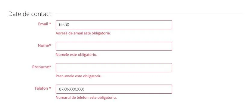 Formular de checkout la trimitere goală: erori doar la nume, prenume și telefon, emailul invalid primește mesajul «este obligatorie»