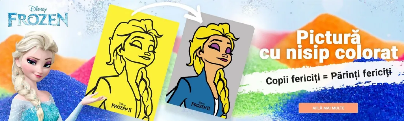 Hero-ul real happyart.ro: banner Frozen pentru pictură cu nisip colorat, cu titlul, sloganul și butonul desenate în imagine