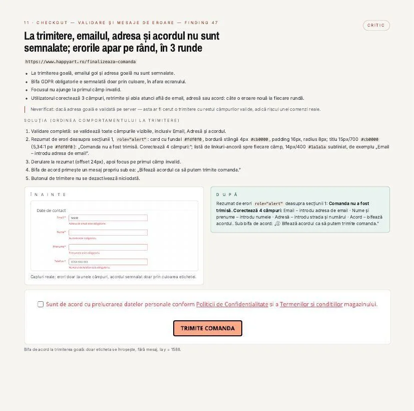 Pagină din raport despre validarea formularului de checkout, cu soluție pas cu pas