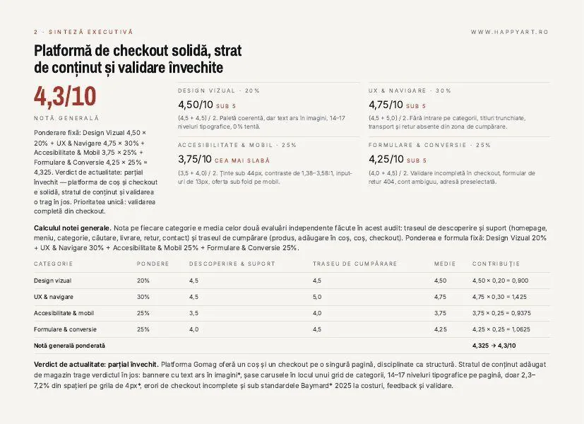 Pagina de sinteză executivă a raportului, cu nota generală 4,3 și cele patru categorii
