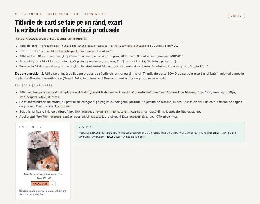 Pagină din raport despre titlurile trunchiate, cu captura reală, cauza și soluția