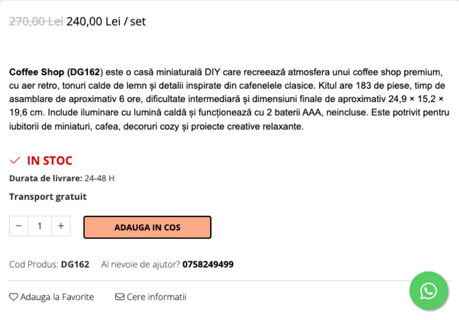 Zona de decizie reală: preț, descriere, IN STOC, livrare 24-48 H, butonul ADAUGA IN COS, fără logo-uri de plată sau mențiuni de retur
