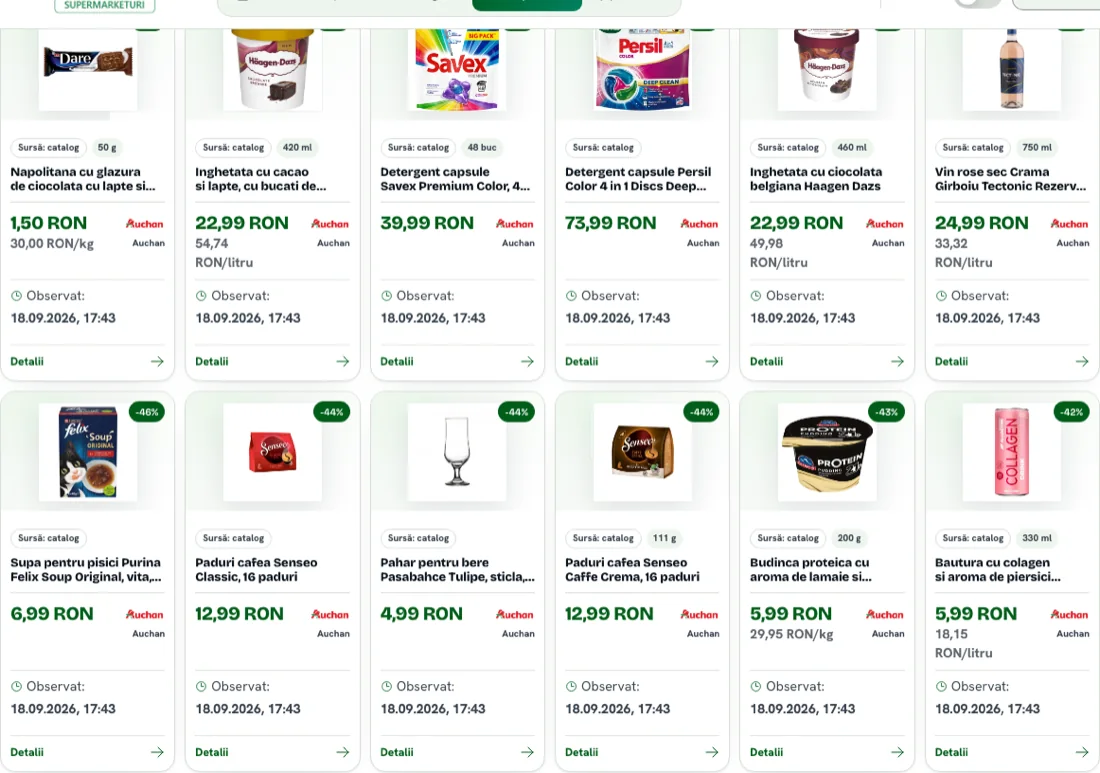Grila de oferte: 12 carduri, toate de la Auchan, toate cu aceeași dată de observare